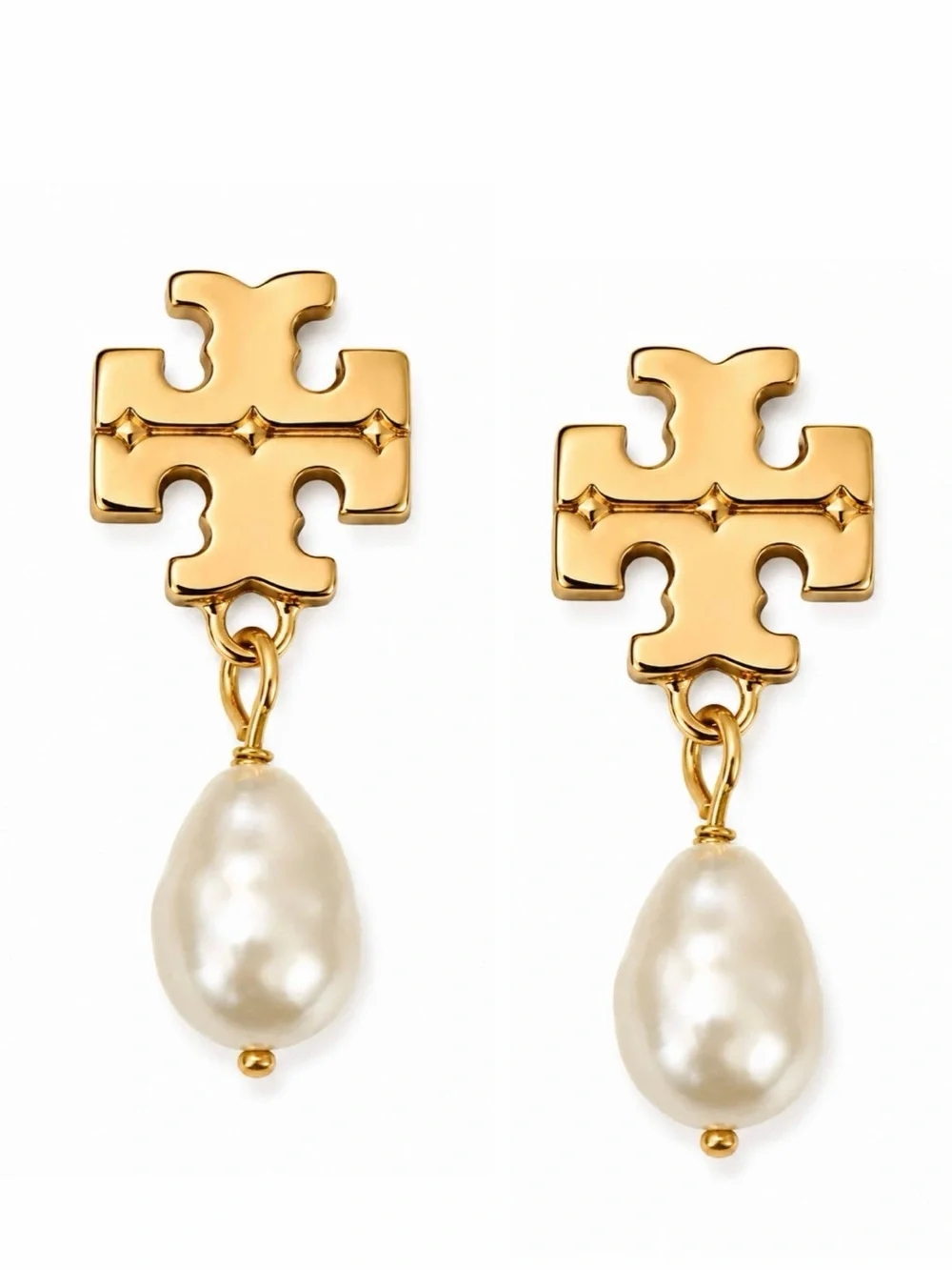 TORY BURCH • Gold Logo Baroque Pearl Drop Earrings
